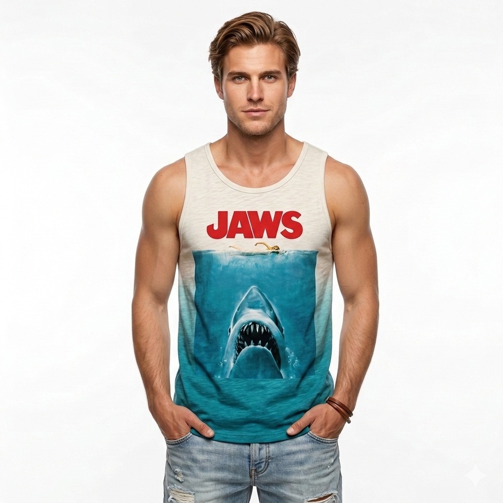 Jaws Unisex Tank Top Movie Poster Shark Graphic Blue White Large